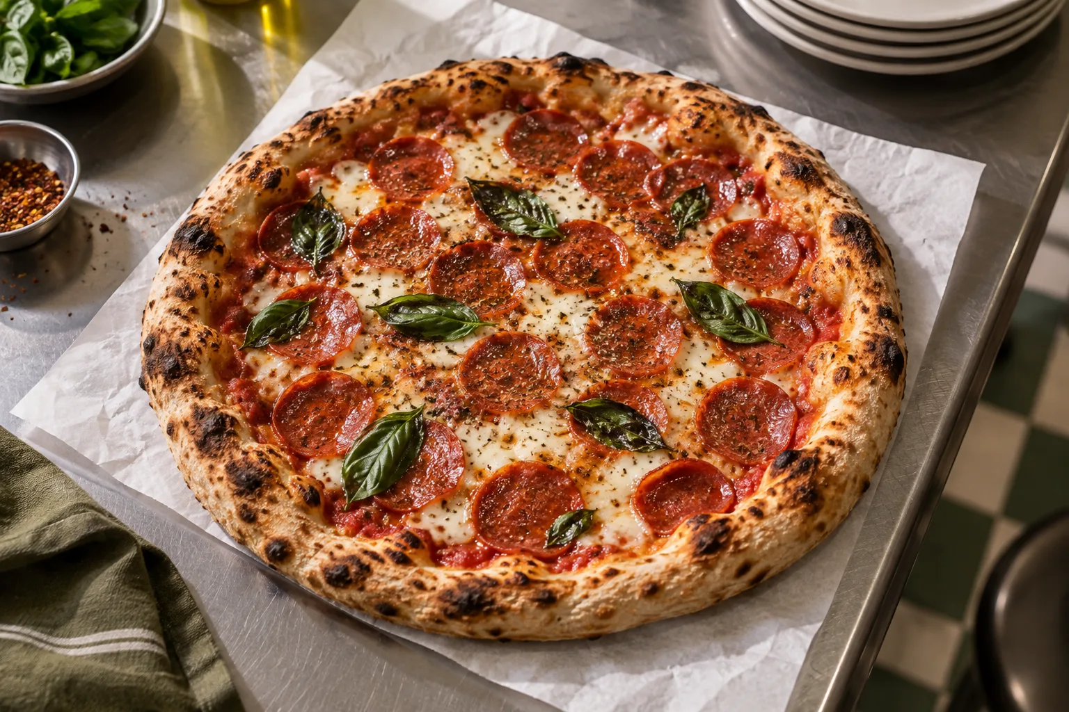 Pizza artesanal de pepperoni com bordas douradas.